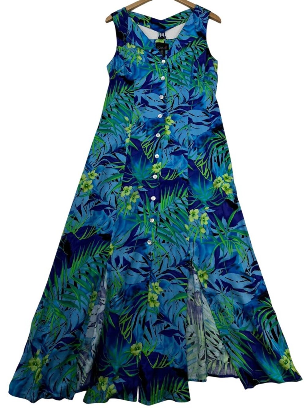 Scarlett Womens Button Front Maxi Dress Sleeveless Sz 10 Blue Floral Front Slits